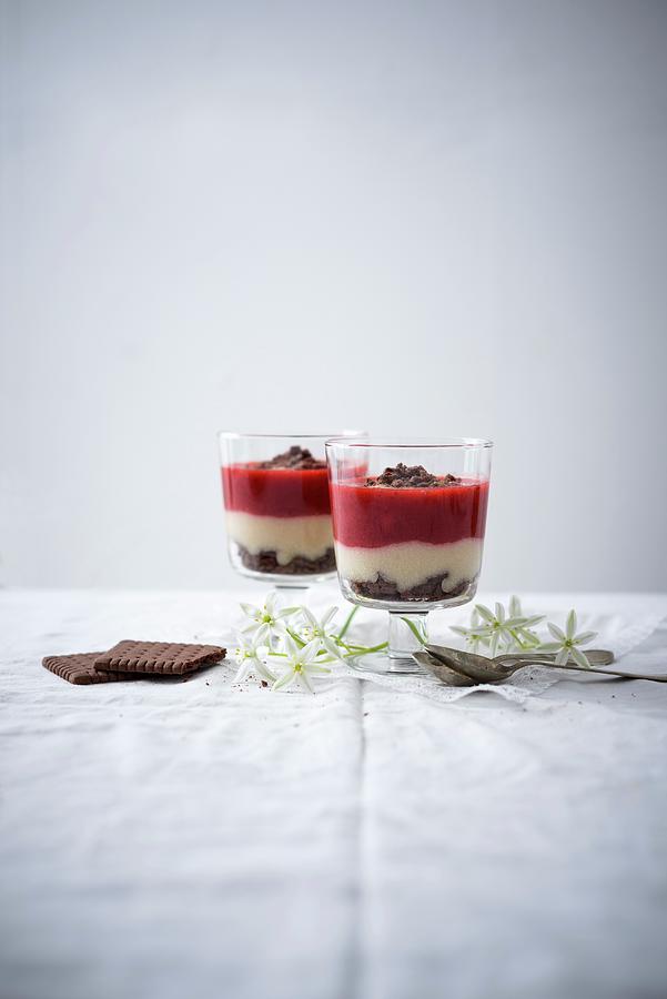 Desserts Made With Chocolate Biscuits, Semolina Porridge And Strawberry Compote vegan Photograph by Kati Neudert