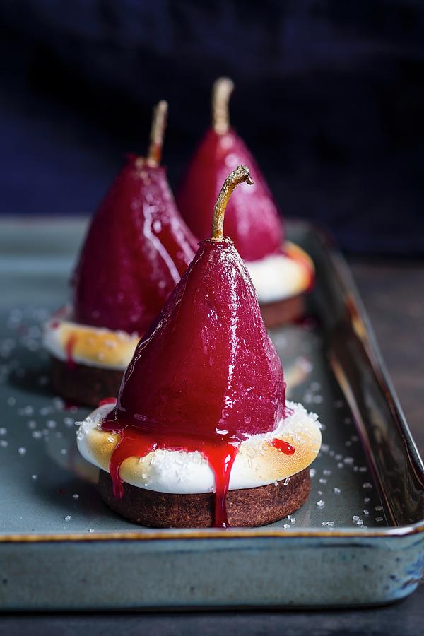 Desserts With Red Wine Infused Pears And Meringues Photograph by Eising Studio