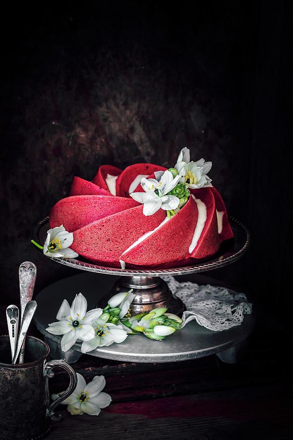 Destructed Red Velvet Cake, Cream Topping And Flower Decorations Photograph by Ghosh