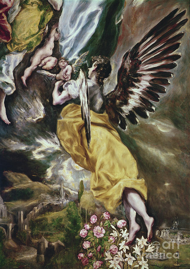 Detail Of Angel, Flowers, Marian Attributes And Toledo By El Greco Painting by El Greco