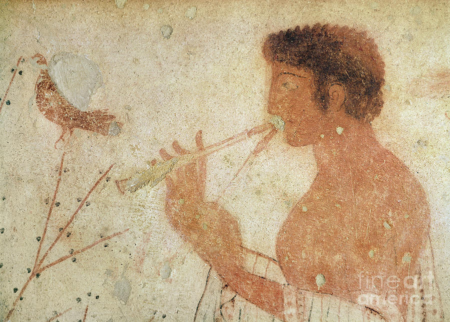 Bird Painting - Detail Of Musician Playing A Double Flute, From The Tomb Of The Triclinium, C.470 Bc by Etruscan