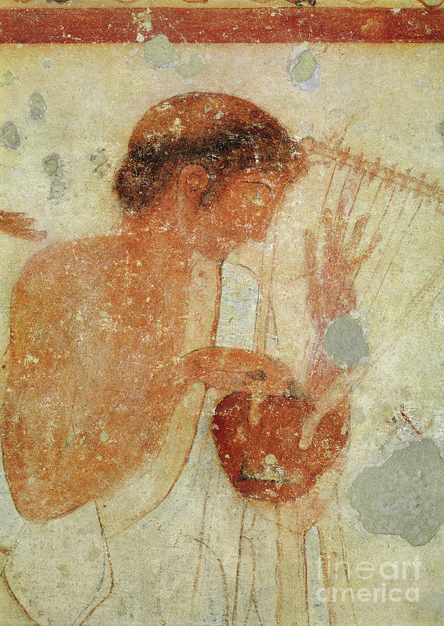 Music Painting - Detail Of Musician Playing The Zither Or The Lyre, From The Tomb Of The Triclinium, C.470 Bc by Etruscan
