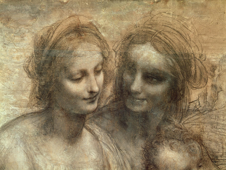 Detail Of The Heads Of The Virgin And Saint Anne By Leonardo Da Vinci Drawing by Leonardo Da Vinci