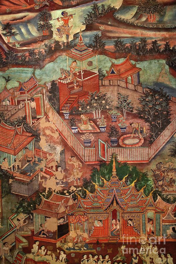 Architecture Painting - Detail Of The Murals Of Viharn Laikam Portraying The Sang Thong Tales by Thai School