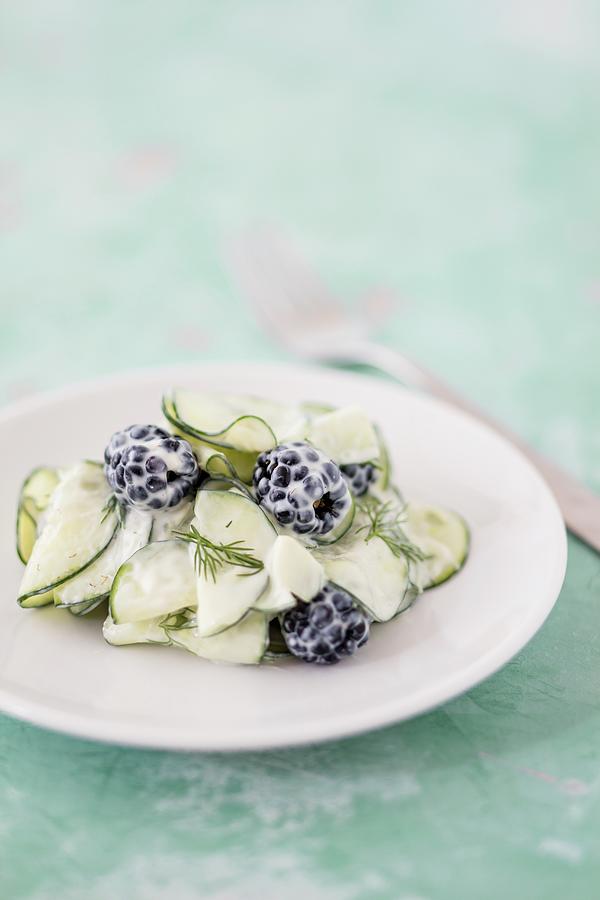 Detox Cucumber Salad With Blackberries And Soya Yoghurt Sauce Photograph by Jan Wischnewski