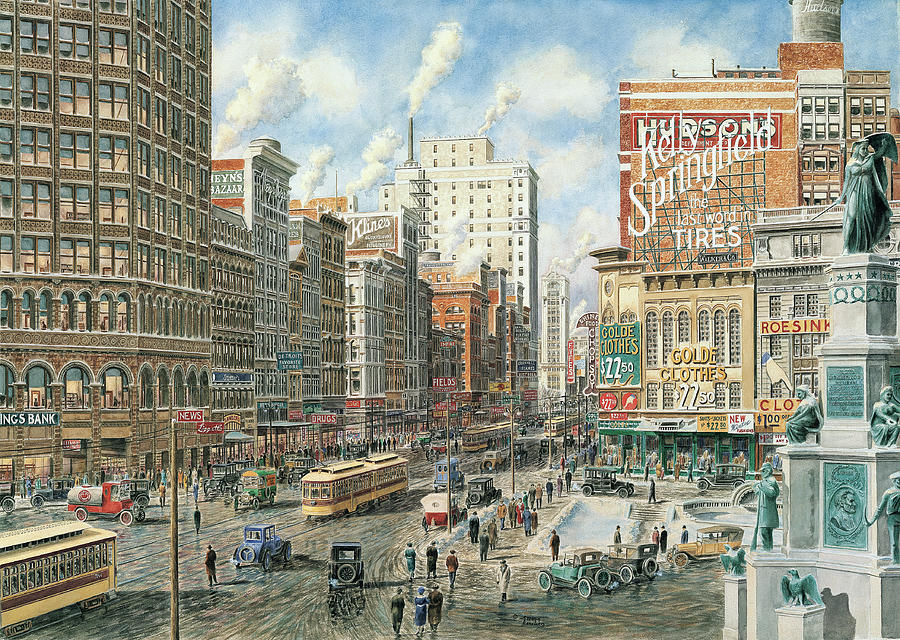 Transportation Painting - Detroit Looking North On Woodward by Stanton Manolakas