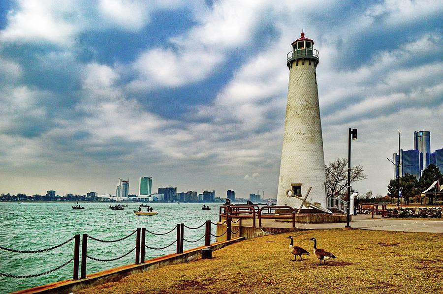 Detroit river Light House and Geese DSC_0096 Photograph by Michael Thomas