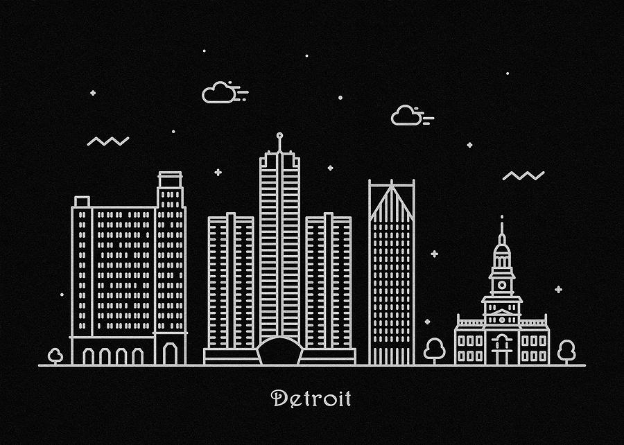 Detroit Drawing - Detroit Skyline Travel Poster by Inspirowl Design