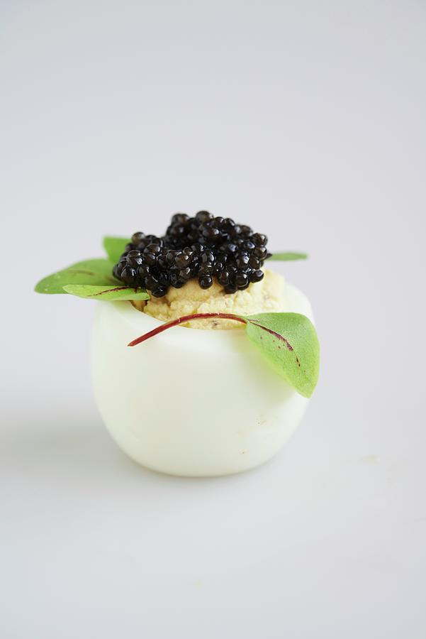 Deviled Egg With Truffle Oil Topped With Caviar And Garnished With Micro Greens Photograph by Greg Rannells