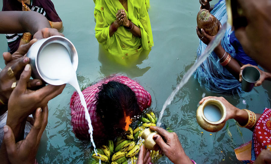 Devotees Pouring Water And Milk On Woman Photograph by Subir Basak