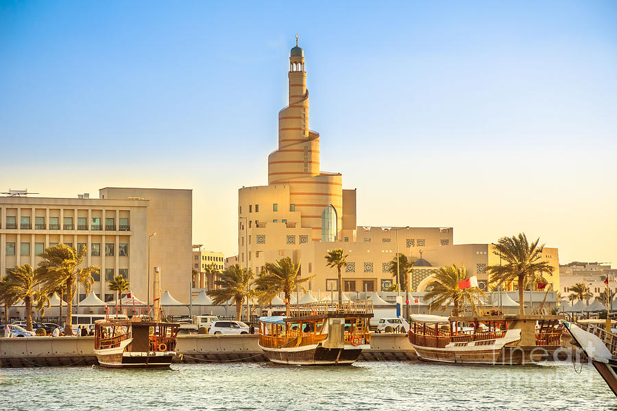 Dhow Harbor and Doha mosque Photograph by Benny Marty