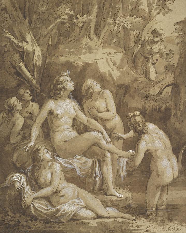 Mythological Drawing - Diana And Actaeon by Joseph Bergler The Younger
