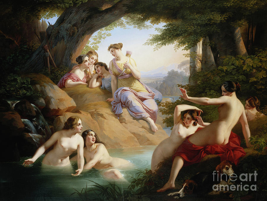 Huntress Painting - Diana And Nymphs Bathing, 1846 by Emil Jacobs