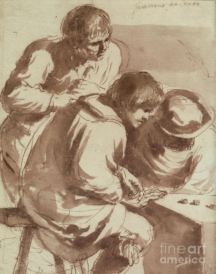 Arts Drawing - Dice Players by Guercino
