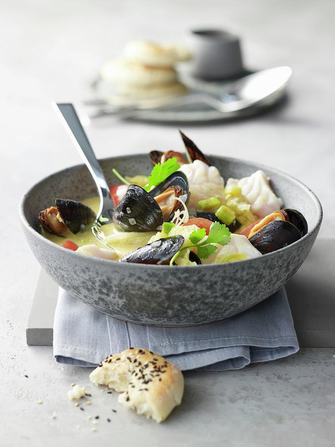 Diced Cod With Mussels In A Coconut And Lemongrass Broth With