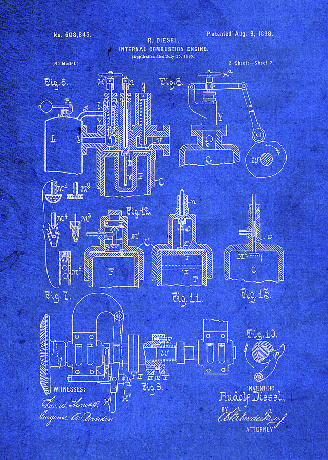 Diesel Engine Patent Blueprint Mixed Media by Design Turnpike - Pixels