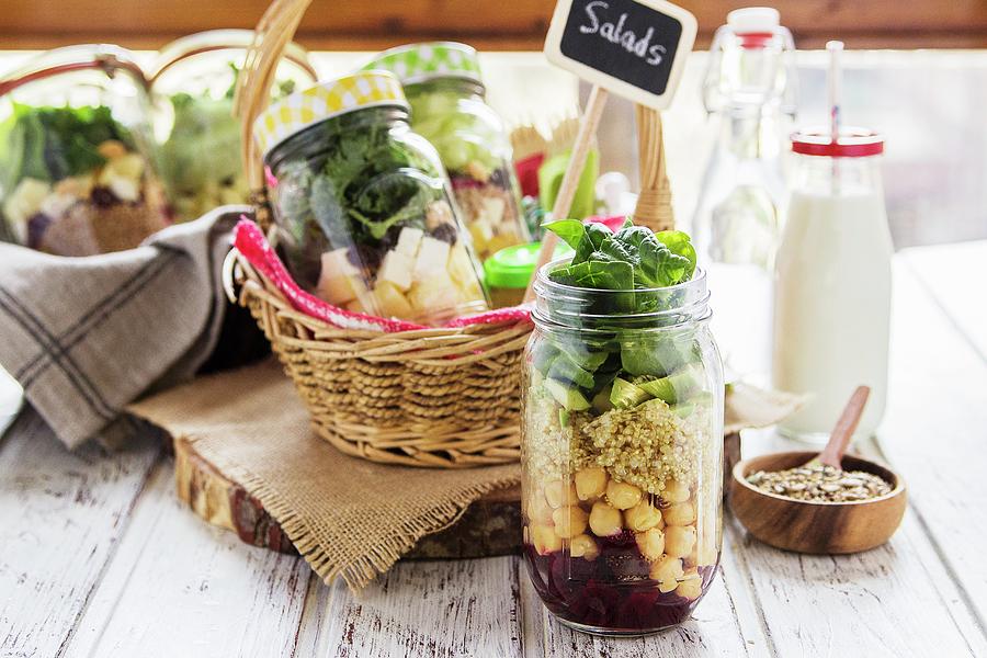 Different Salads In Jars Prepared For A Brunch In A Buffet Photograph by Vernica Orti