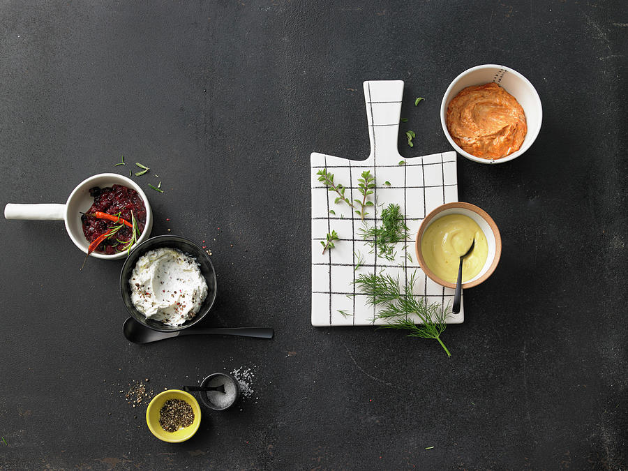 Different Sauces: Ajvar Fried Onion Dip, Blitz Hollandaise, Ricotta And Pepper Dip With Honey, Fruity-spicy Cranberry And Chilli Pickles Photograph by Jan-peter Westermann