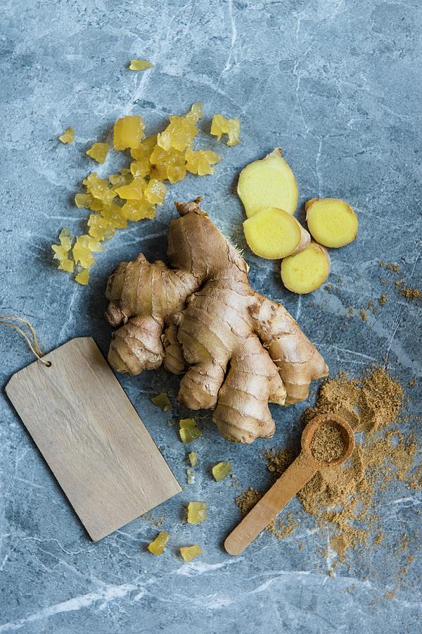 Different Types Of Ginger, Fresh, Grounded And Candied, View From Above ...