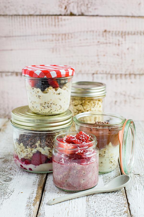 Different Varieties Of Overnight Oats In Glass Jars Photograph by Tina Engel