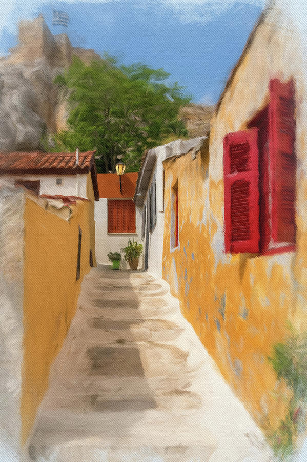 Digital oil painting of narrow street in district of Anafiotika  Photograph by Steven Heap