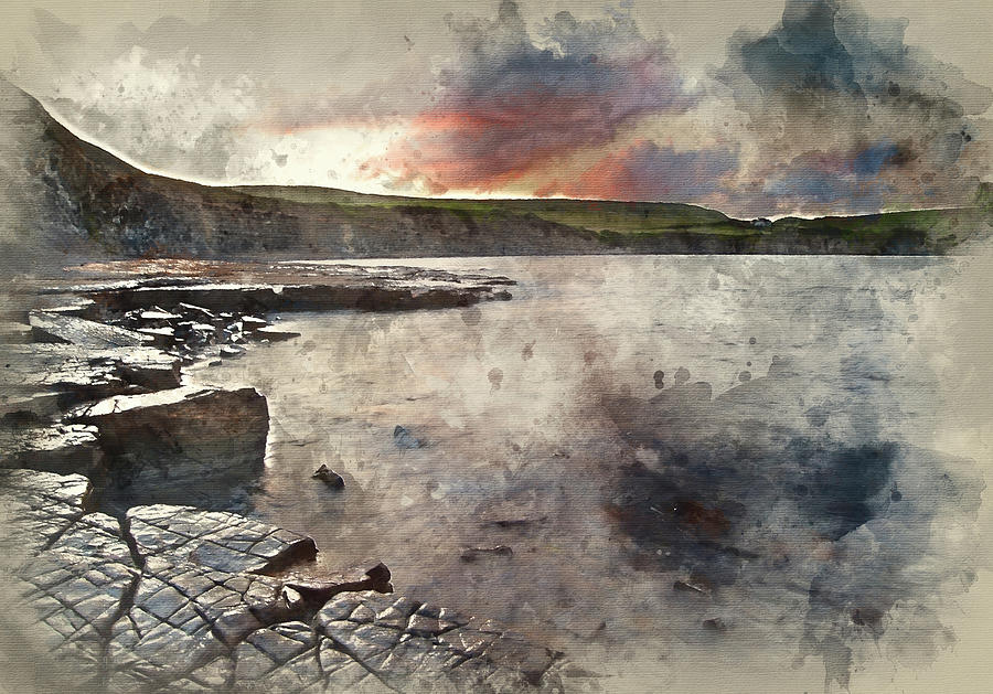 Digital Watercolor Painting Of Kimmeridge Bay Sunrise Landscape, Photograph By Matthew Gibson