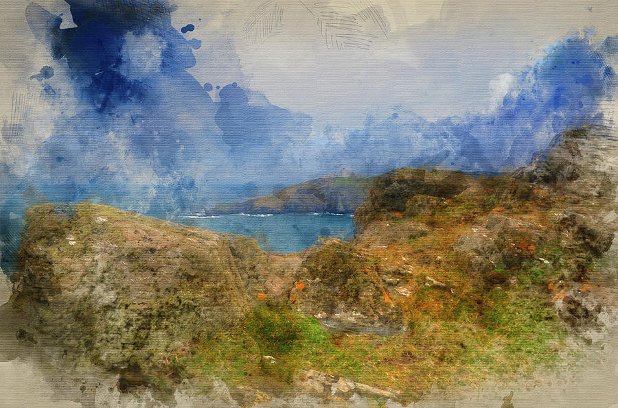 Nature Photograph - Digital watercolor painting of Lizard Point and lighthouse, the  by Matthew Gibson