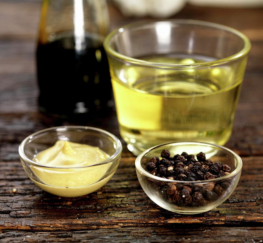 Dijon Mustard, Peppercorns, White Wine Vinegar And Balsamic Vinegar Photograph by Robert Morris