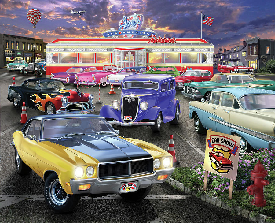 Vintage Cars Painting - Diner Car Show by Bigelow Illustrations- Exclusive