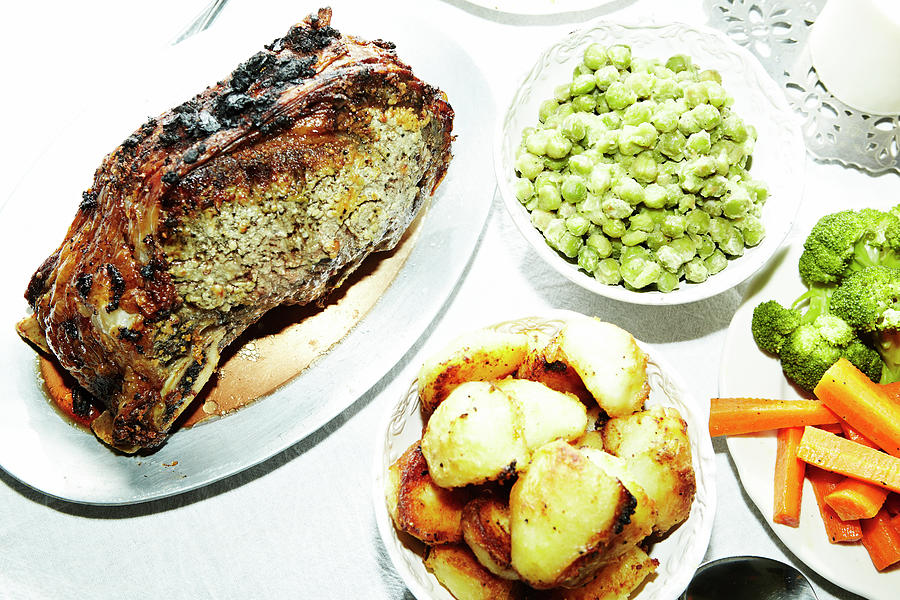 Carrot Digital Art - Dinner Meal Of Roast Meat With Potatoes, Carrots, Broccoli And Broad Beans On Table by Jpm