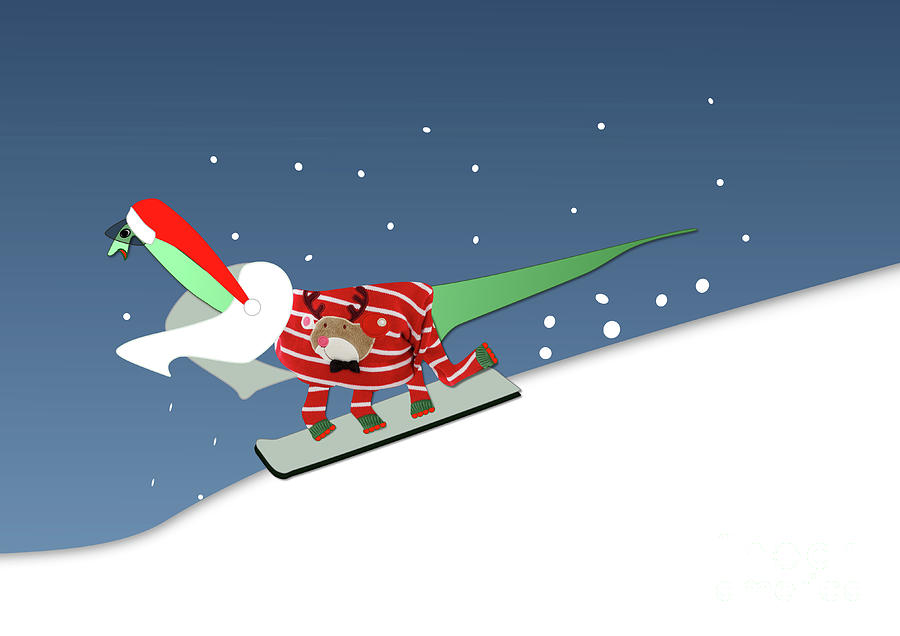 Dinosaur Snowboarding in Ugly Christmas Jumper Sweater  Digital Art by Barefoot Bodeez Art