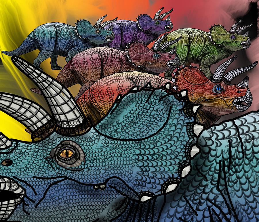 Dinosaur Triceratops Herd Drawing by Joan Stratton