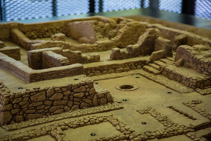  A model of a Tartessian civilization settlement showing rectangular stone houses and workshops.