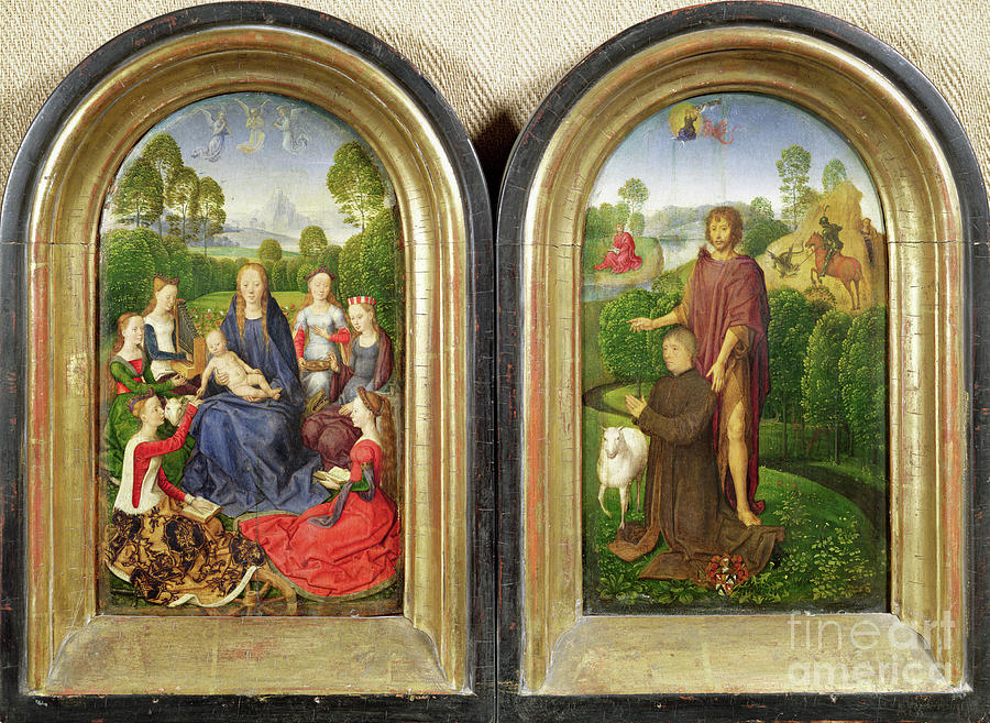Diptych Of Jean Du Cellier: The Virgin And Child With Saints And The Donor Presented By St.john The Baptiste, C.1490 Painting by Hans Memling