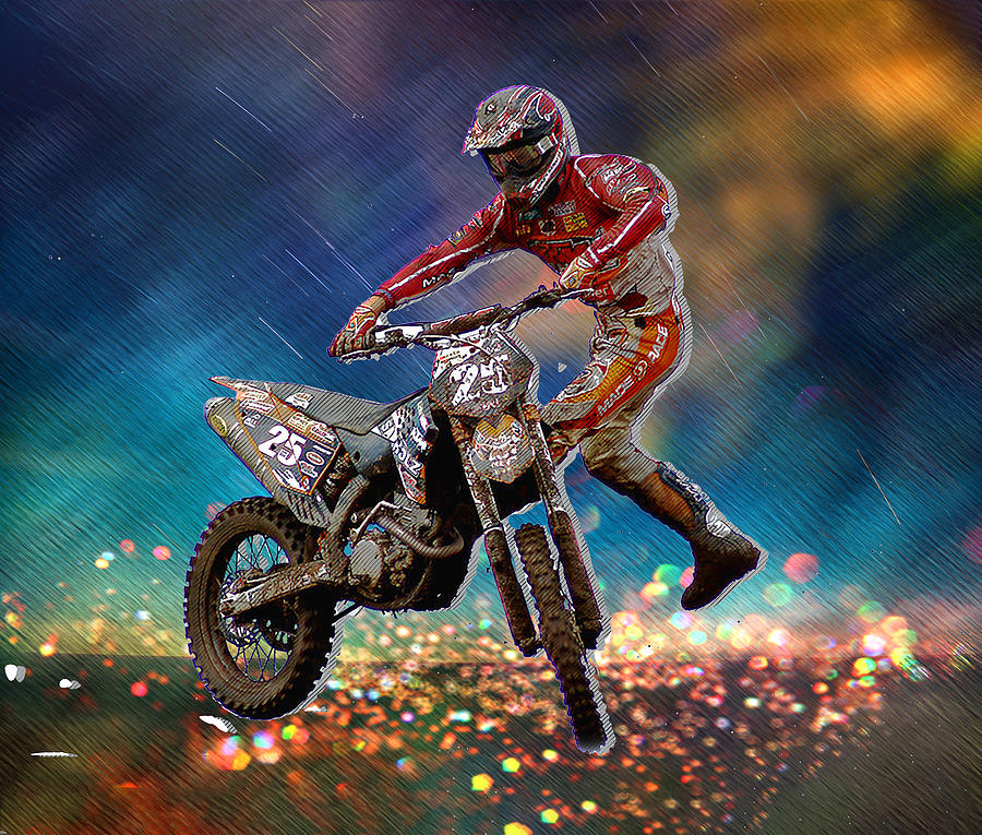 Sports Painting - Dirt Bike Rider in Crystal Rain Storm by Elaine Plesser