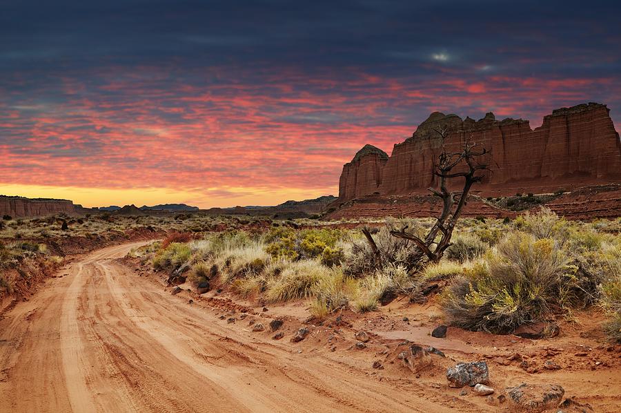 Sunset Photograph - Dirt Road In Utah Desert, Capitol Reef by DPK-Photo