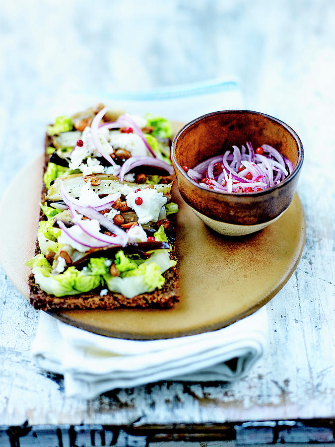 Dish Of Pumpernickel On Sliced Bread,grilled Aubergines,sucrine Lettuce,feta,pickled Purple Onion Photograph by Amiel