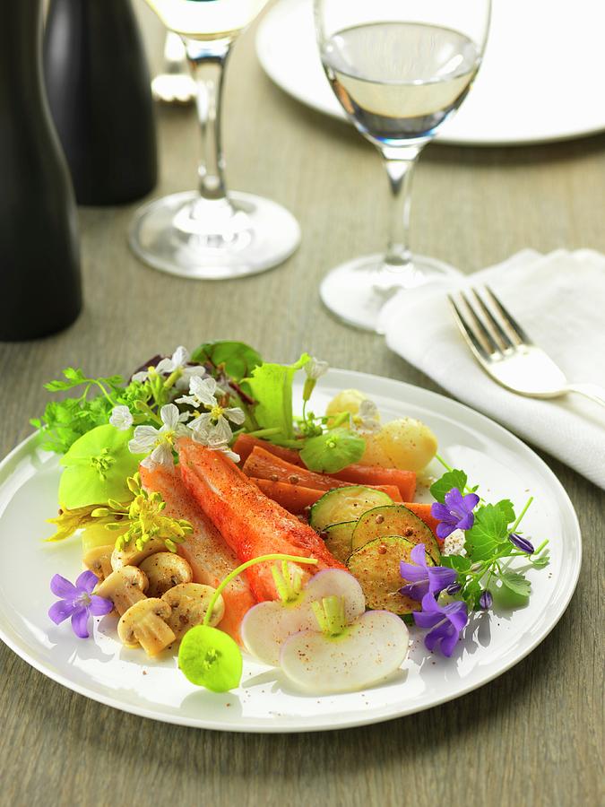 Dish Of Royal Crab, Vegetables, Edible Flowers And Spices Photograph by Gelberger