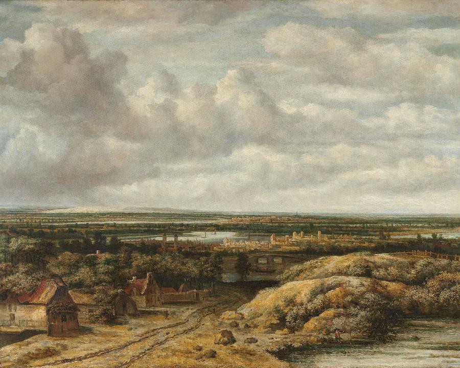 Distant View with Cottages along a Road. Distant View, with Cottages Lining a Road. Painting by Philips Koninck