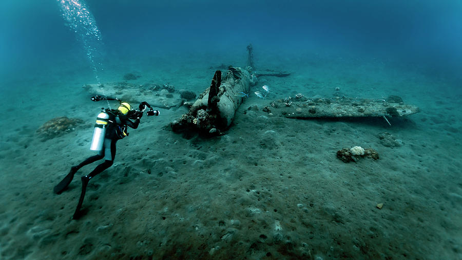 Diver Exploring The Mitsubishi Zero Photograph by Bruce Shafer