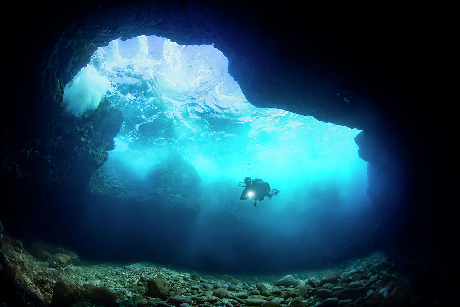 Diver Inside A Shallow Tide Pool Canyon Photograph by Dave Fleetham