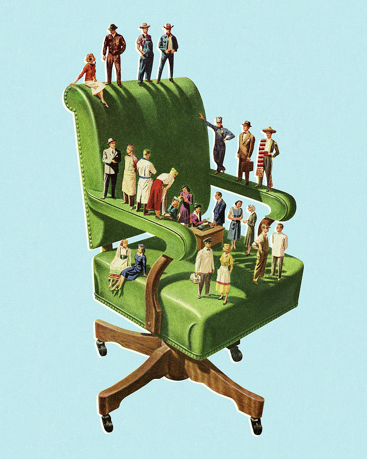 Vintage Drawing - Diverse Group of People Standing on a Huge Chair by CSA Images