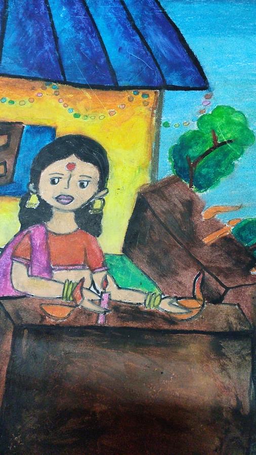 Enjoyment of Diwali Festival Painting by Manjul Sarmah Baruah