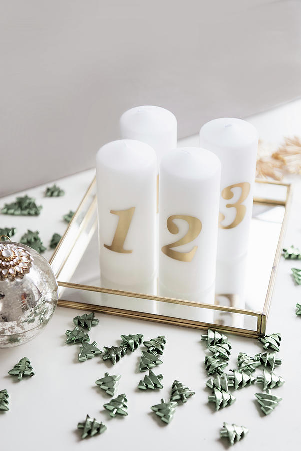 Diy Advent Arrangement Of Candles And Scattered Decorations On Mirrored Tray Photograph by Jelena Filipinski