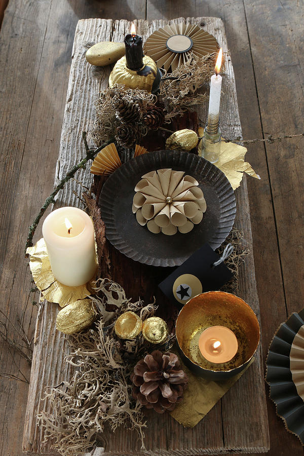 Diy Advent Arrangement With Christmas Decorations And Dried Plants On Long Wooden Board Photograph by Regina Hippel