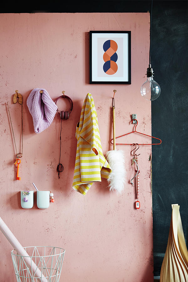Diy Coat Rack Made From Large Nails On Pink Wall Photograph by Nicoline Olsen