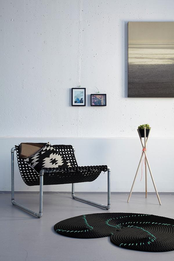 Diy Home Accessories - Chair Made From Doormat And Galvanised Pipes, Plant Stand Made From Wooden Canes And Rope Rug Photograph by Bodo Mertoglu