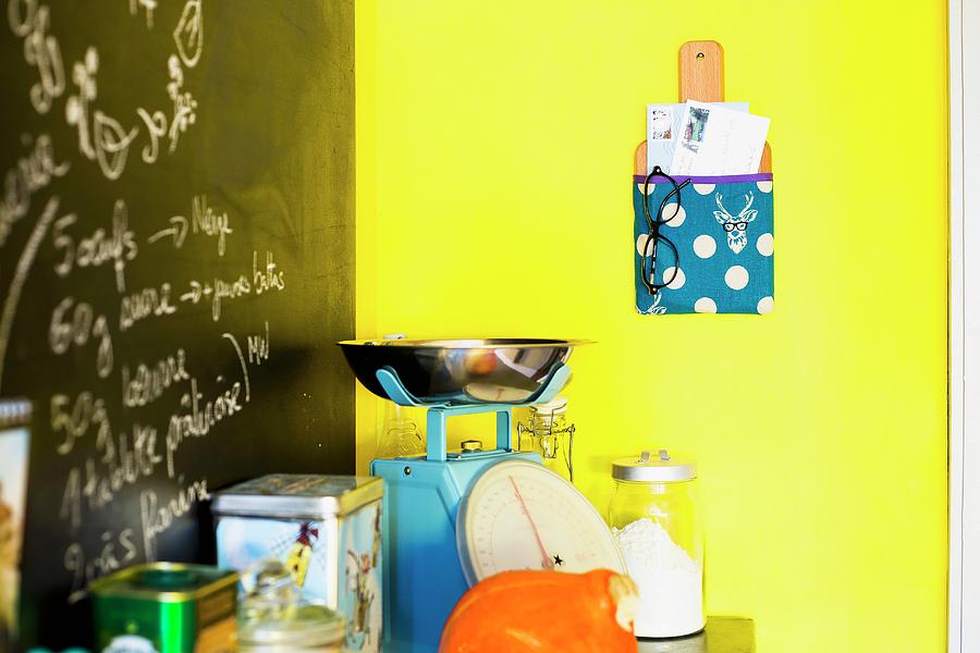 Diy Pinboard With Pocket Made From Chopping Board And Fabric Hung On Yellow Wall Photograph by Ivan Autet