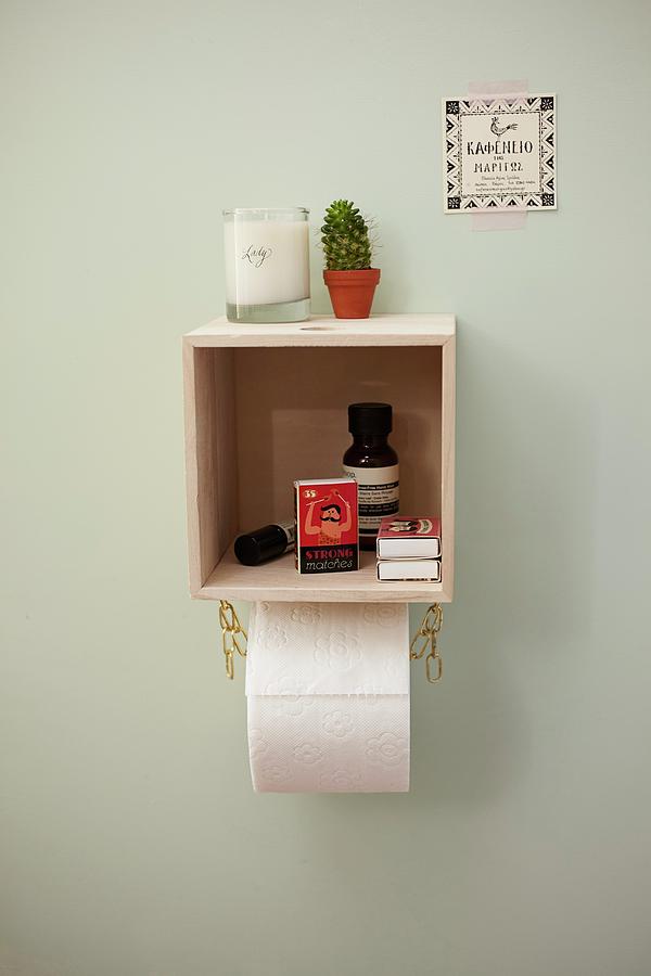 Diy Shelf Made From Small Wooden Box With Chain Toilet Roll Holder Below Photograph by A. Kapischke & I. Liebmann