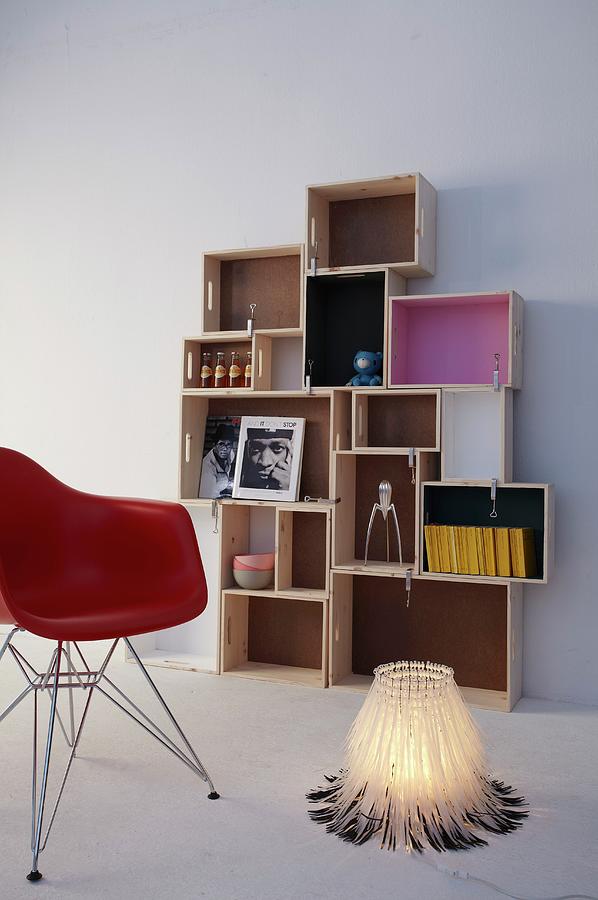 Diy Shelving Made From Wooden Crates Of Various Sizes And Lamp Made From Cable Ties Photograph by Bodo Mertoglu